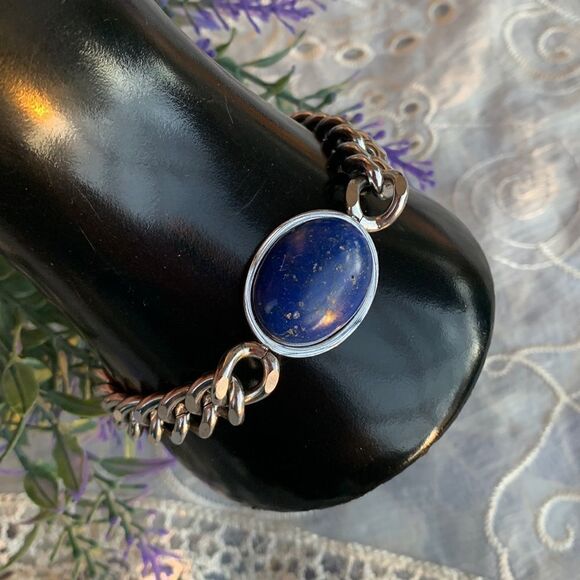 VTG Lapis Lazuli Cabochon 316L Stainless Steel Bracelet - Unisex - Picture 1 of 9